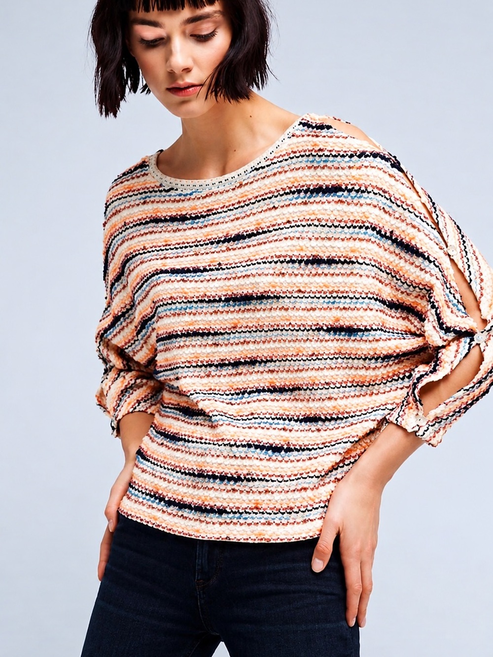 Anthropologie Postmark Malu Cold Shoulder Knit Top Dolman Rainbow Casual Size S